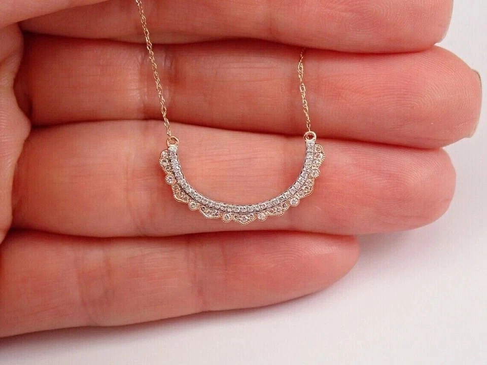 0.90Ct Round Diamond Curved Bar Pendant 14K Two-Tone Gold Plated Free Chain - Image 2 of 4