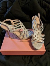 De Blossom Collection Silver Sparkle Sandals Heels, Size 8, 5"