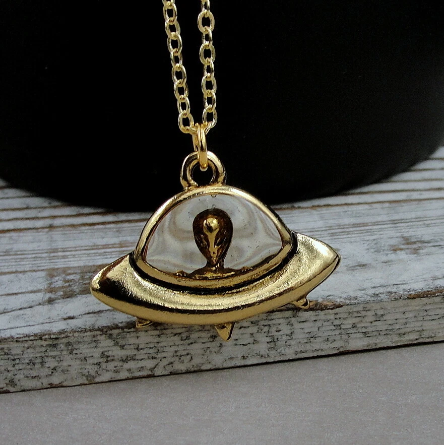 Gold UFO Necklace Alien Spaceship Pendant Flying Saucer
