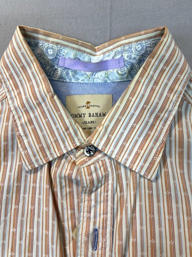 Tommy Bahama Shirt Medium Island Crafted Mens Cotton Orange White Gray Striped - Picture 3 of 15