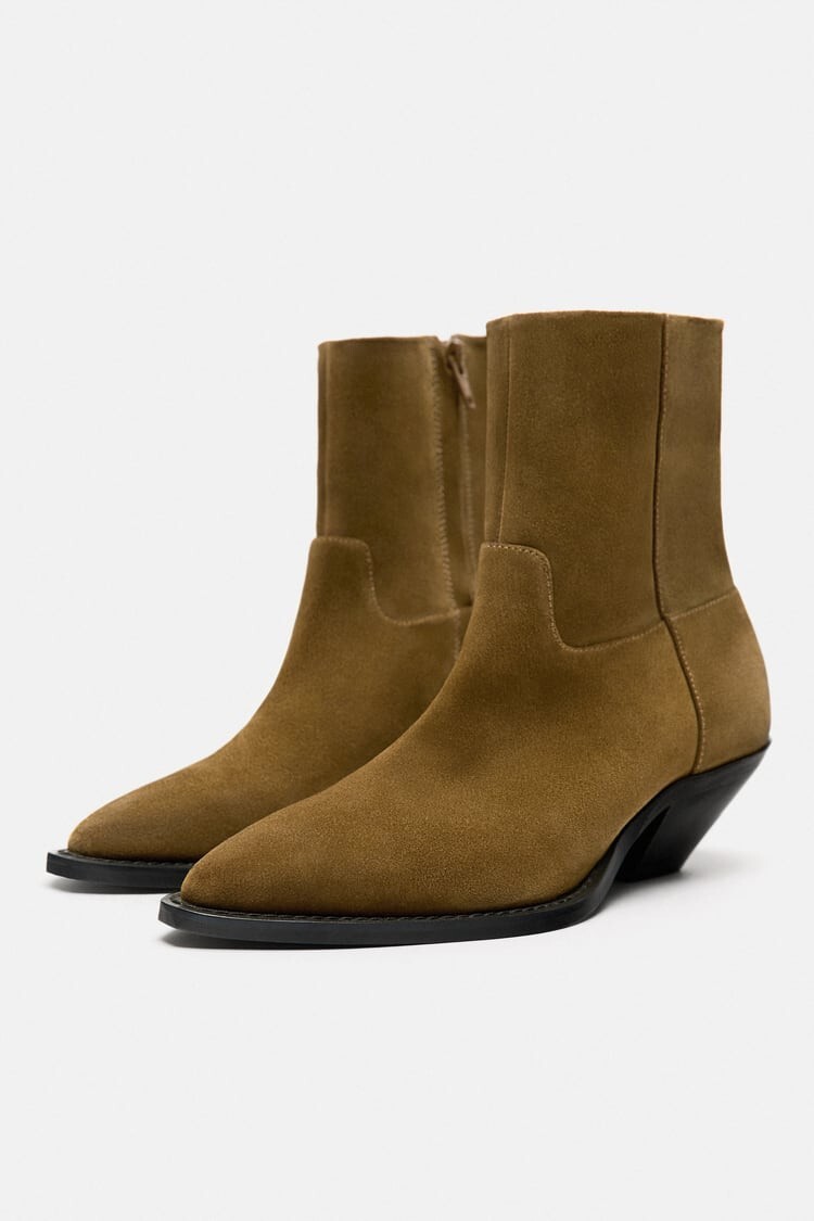 Zara Split Suede Heeled Pointed Toe Cowboy Ankle Boots Brown Size