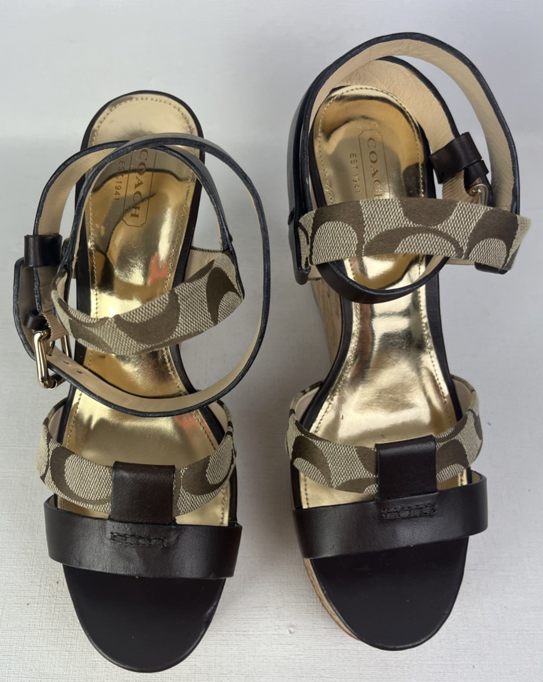 COACH Leather Platform Wedge Sandals in Khaki Size 8.5-image