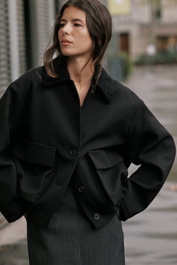 値下げ☆ZARA MATCHING BOMBER COAT Zara black matching bomber coat Wool blend