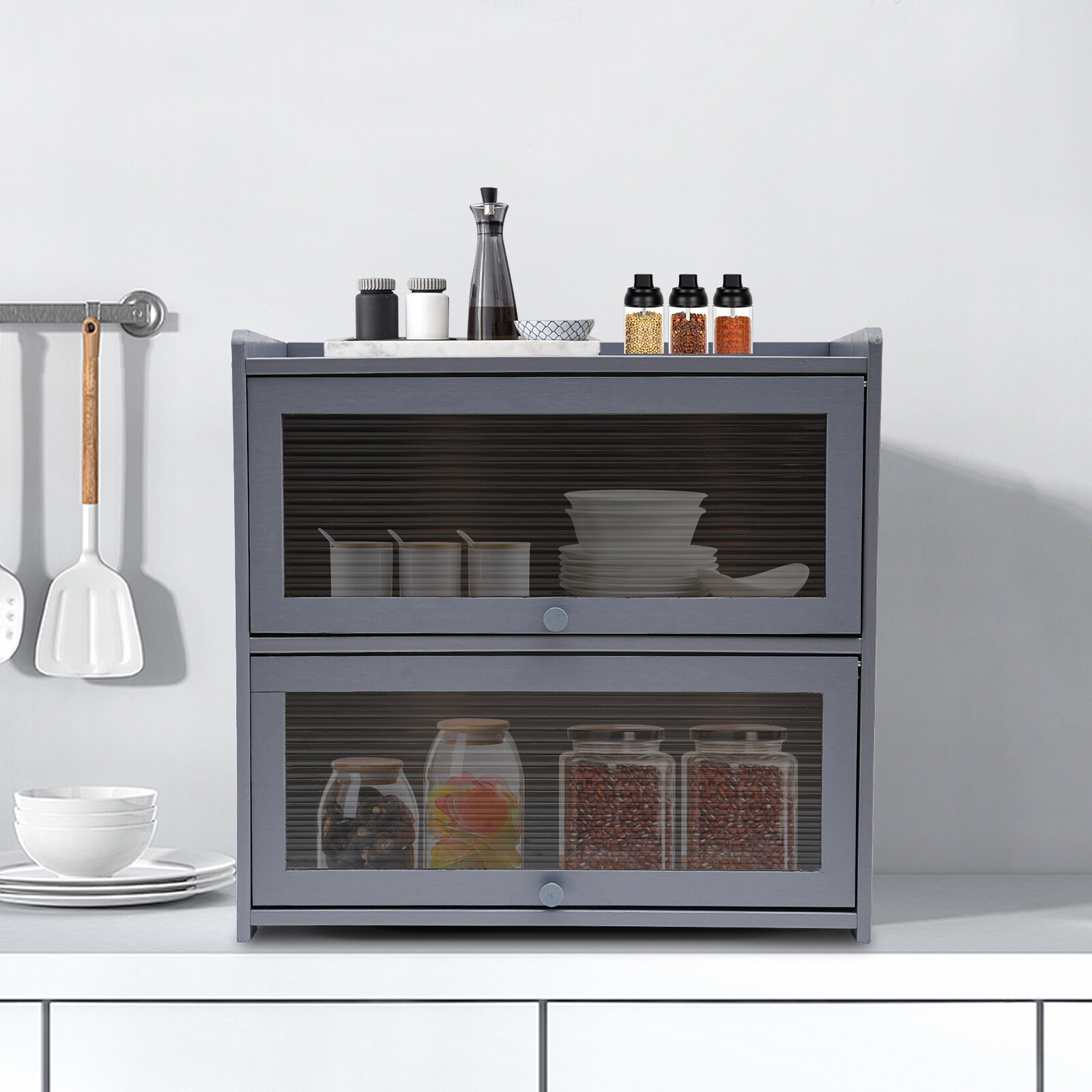 Modern Gray Two-Tier Countertop Storage Cabinet