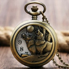 Retro Wolf Dog Moon Pendant Men Women Quartz Analog Pocket Watch Necklace Gift