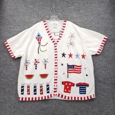 The Quacker Factory Cardigan Women 2X Plus USA America Flag Short Sleeve Sweater
