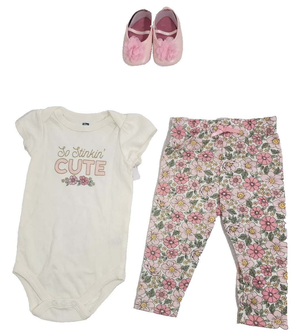 🍼 Hudson Baby Girl 3-Piece Outfit Set 3&ndash;6 Months Bodysuit, Floral Pants & Shoes