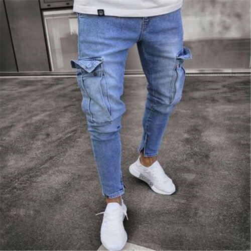 Awareness lonely Institute Mens Slim Fit Jeans Ripped Frayed Pants Cargo Pocket Skinny Ankle Zip  Trousers | eBay