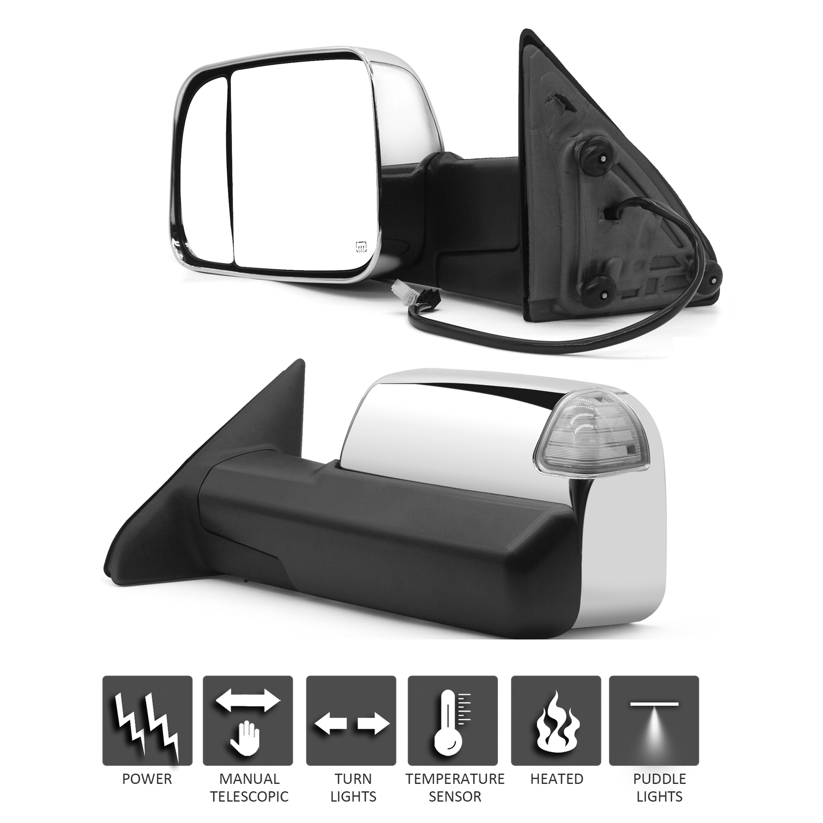 Pair Set Towing Mirrors for 2009-2018 Dodge Ram 1500 2500 Power Heated Chrome