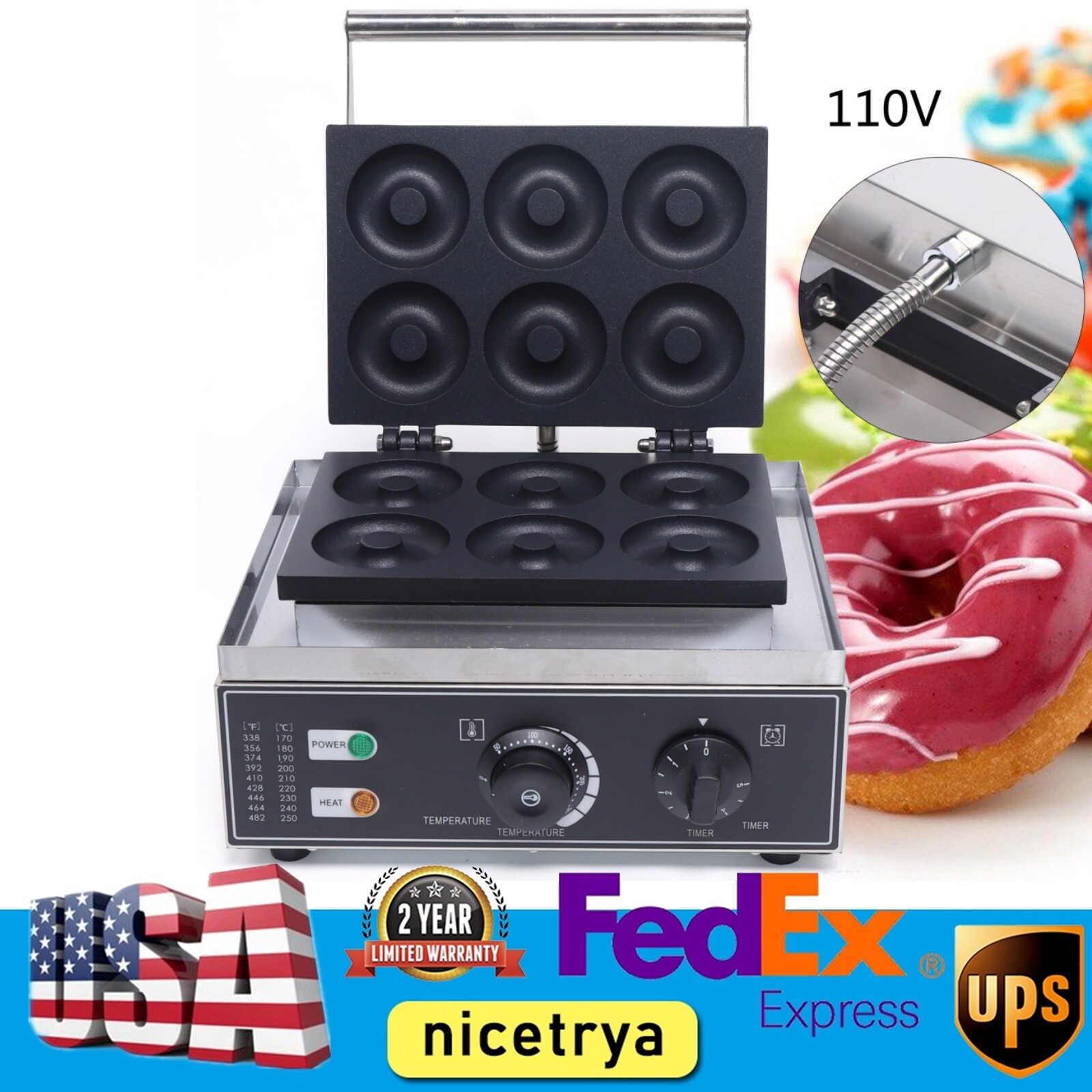 Commercial 6 Holes Electric Doughnut Maker Waffle Donut Bake Machine Non-stick