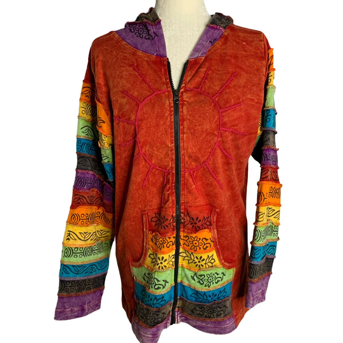 Sunshine Daydream Hooded Sweatshirt M Rainbow Patchwork Zip Pockets Embroidered