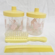 Vtg Baby Comb  Brush Yellow 1950s Plastic USA w/ 2 Plastic Vanity Storage Jars