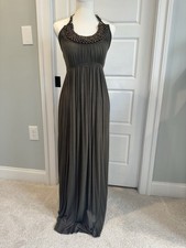 Olive Green Beaded Halter Maxi Dress – Boho Tribal Wood Bead Neckline – Size S