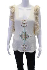 As Is Womens Sleeveless The Fringe Racer Tank Top White Cotton Blend Size Small