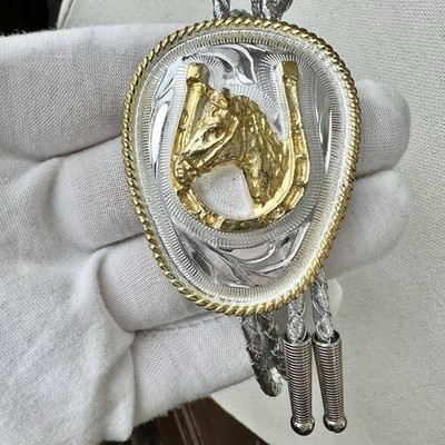 Stunning Vintage Tooled Gold & Silver Horseshoe Western Bolo Tie