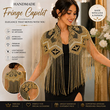 Gold Sequin Beaded Fringed Shawl Wrap Evening Cape Wedding Party Cover Up