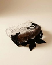 1950s Black Velvet Mink Fur Fascinator Veil Hat Vintage Cocktail Headpiece