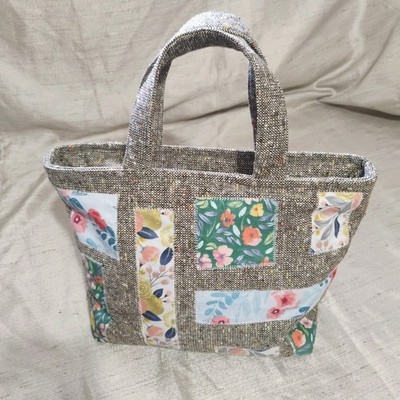 Handmade Patchwork Tweed Tote Bag Floral Fabric Applique Cottagecore Artisan