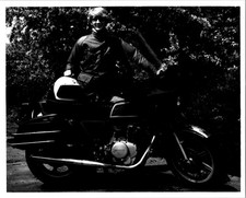 Man in full gear standing next to Yamaha Motorcycle  B+W Found Photo VB652