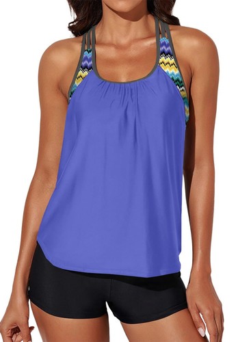 Women Striped Blouson Swimwear T-Back Tankini Top with Shorts Blue Large 12 14