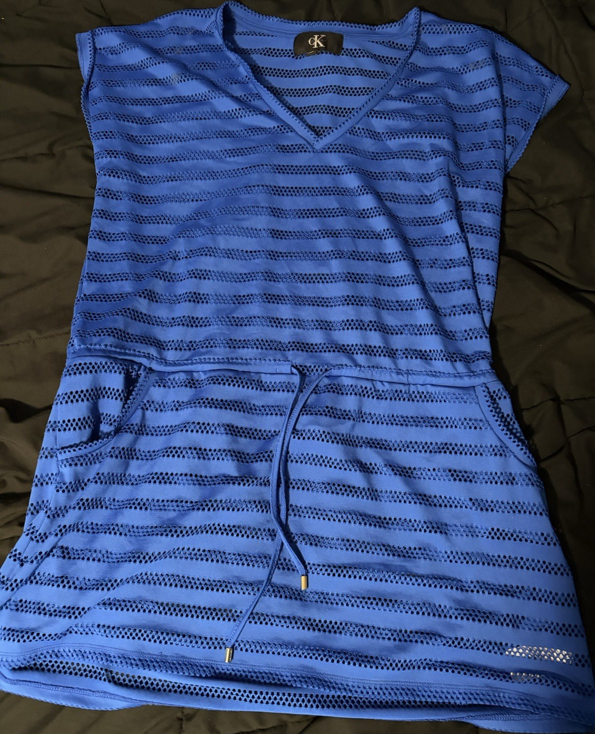 CK Women’s XL Blue Striped Mesh Sleeveless V-Neck Cover Up