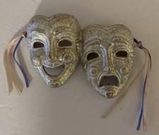 Máscara de comedia y tragedia de teatro de colección pintada dorada plata arte de pared coleccionable 3x4,5