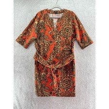 Talbots Dress Womens 8 Orange Paisley Pineapple Linen Midi Belted Half Sleeve