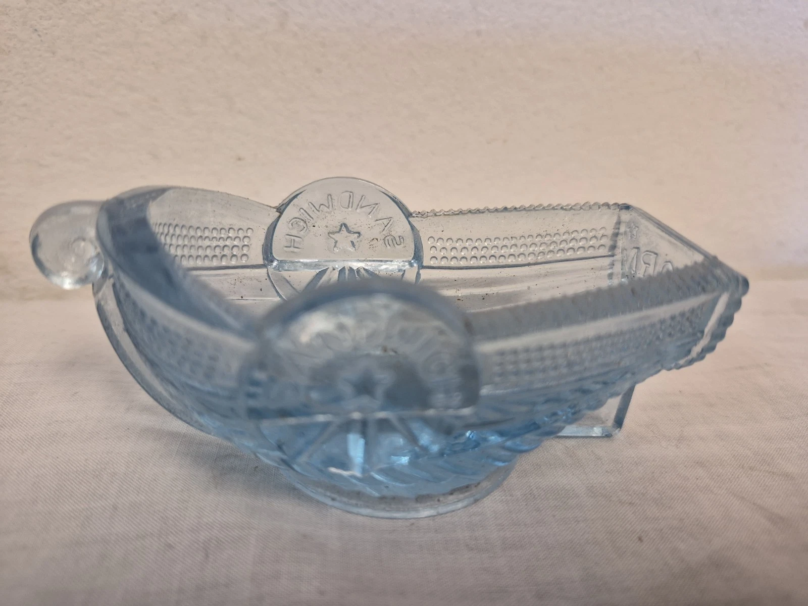 Fenton Sandwich Glass Acorn Boat Open Salt / Cellar - Light Blue Pressed Glass