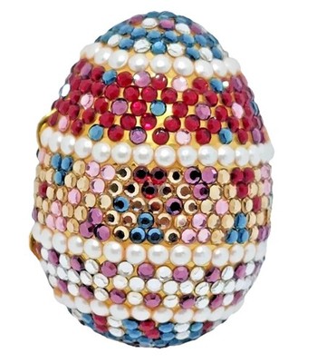 MCM Egg Shaped Pill  Box Hollywood  Regency  Multicolored Crystal Faux Pearl