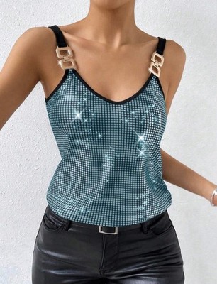 new SHEIN Unity Chain Detail Sequin Cami Top sz S/M club tank tee aqua blue