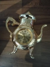 Vintage Miniature Gold Teapot SunTime Desk Table quartz 1" clock 