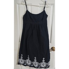 Ann Taylor LOFT Black Cotton Embroidered Empire Waist Midi Sundress Womens 10
