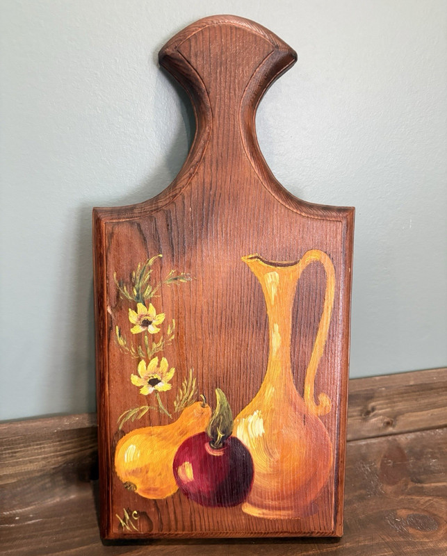 Rectangular Wood Cutting Board w/ Handle, Painted Fruit Still Life, Brown