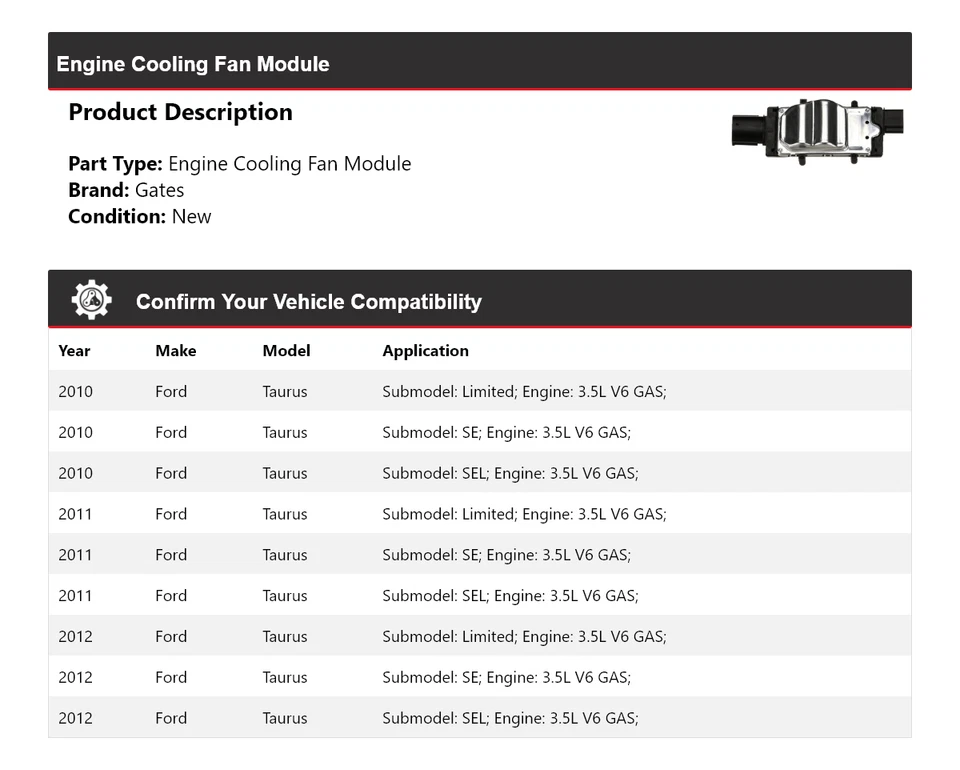 Para 2010-2012 Ford Taurus 3.5L V6 GAS motor ventilador módulo portões 2011 - Imagem 2 de 4