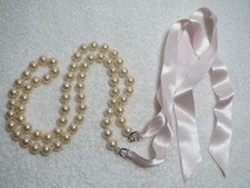 33 inch Knotted Faux Pearl Strand Silk Tie Necklace or Belt Fits 33-35