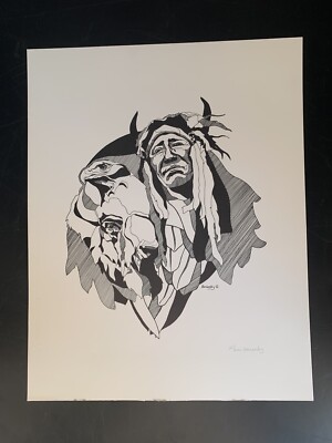 Hernandez Native American, Eagle, Bison Drawing 22/200 Signed