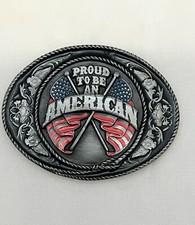 Vintage Siskiyou Belt Buckle Patriotic  I  m Proud To Be An American  Red Blue