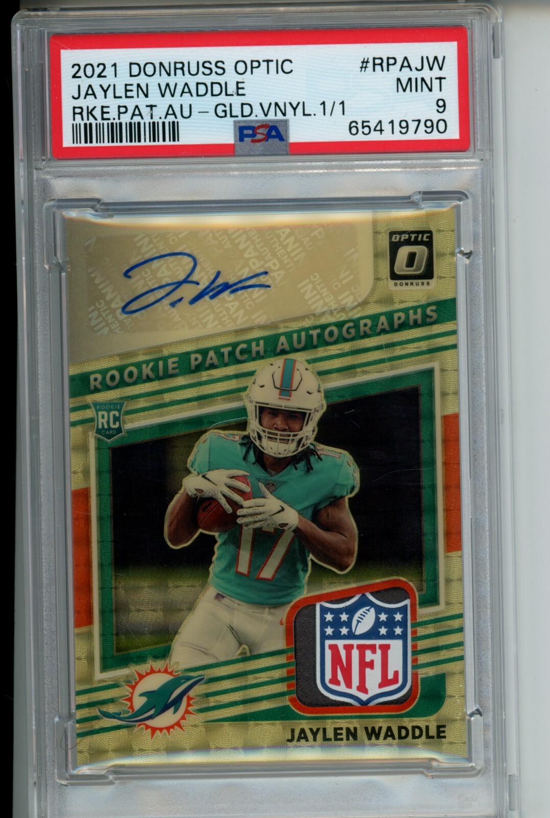 Jaylen Waddle Panini Donruss Optic Rookie Patch Autographs #RPAJW Gold Vinyl 1/1