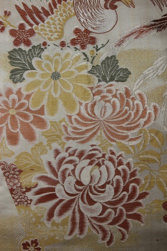 antique textile Japanese hand woven silk maru obi fabric phoenix winter floral 1 - Picture 6 of 24