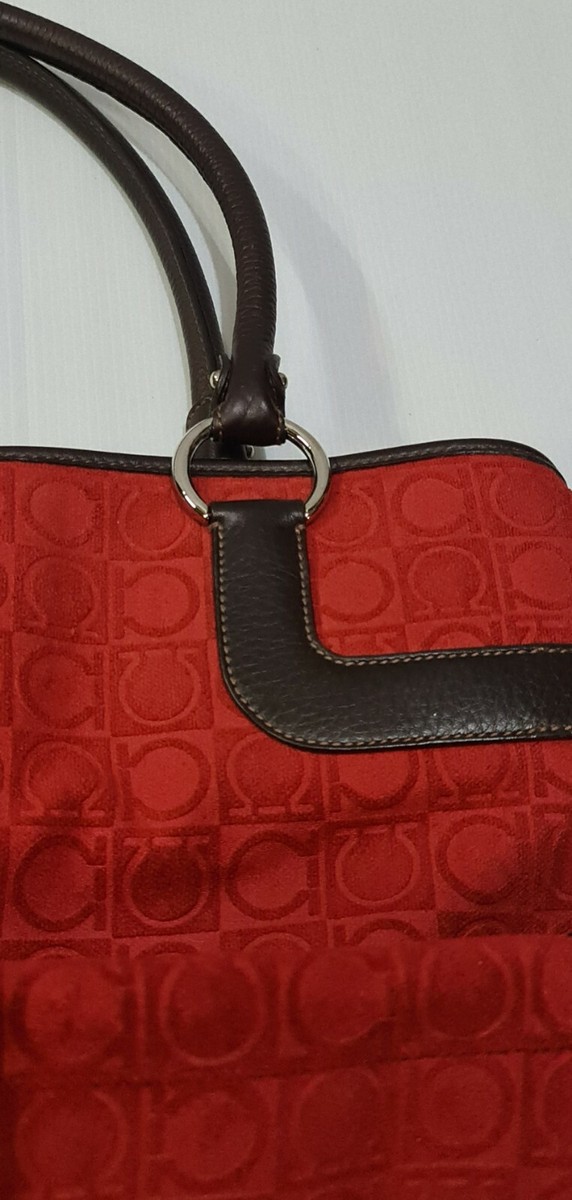 【 Ferragamo 】Logo Embroidered Red ショルダーバッグ Salvatore Ferragamo Shoulder Bag ~ Red Fabric Logo Brown
