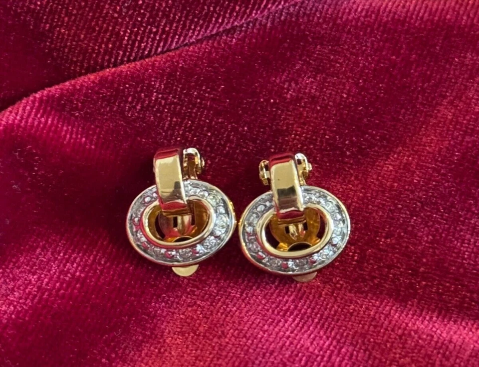 设计师耳环 Nina Ricci 复古 14K 镀金 批量 3 对夹子 水晶 美国 — 第 3/4 张图片