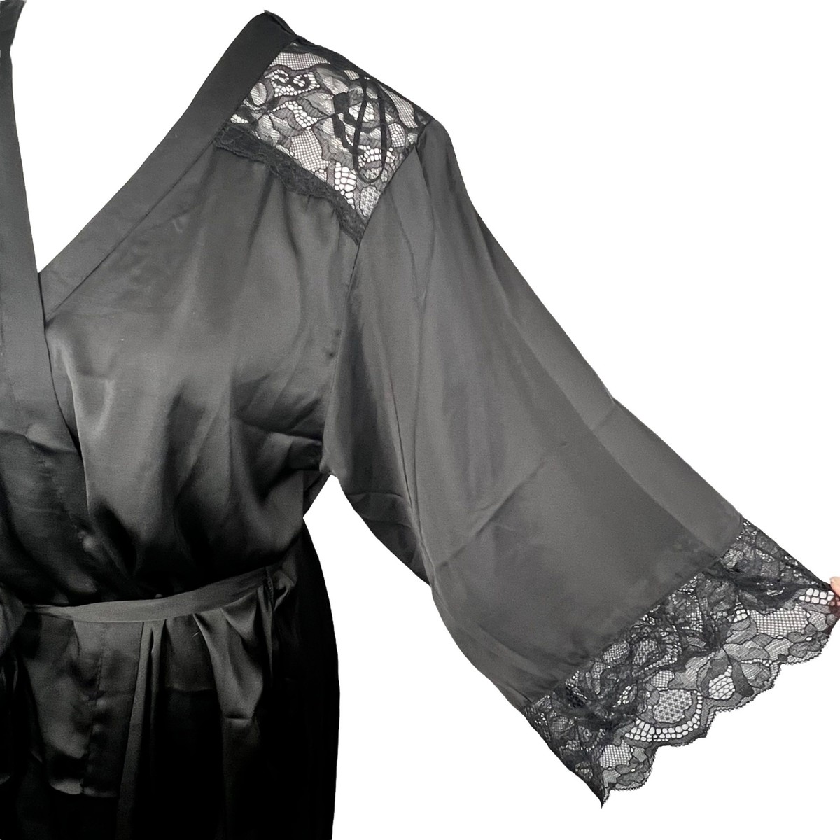 H&M Robe Black Satin Lace size XS S Tie Waist Kimono Loungewear