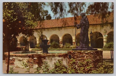 Mission Hills CA, Mission San Fernando Garden Junipero Serra Statue VTG Postcard