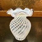 Vintage Fenton White Swirl Opalescent, Lavender Crest Vase 5.5” RARE