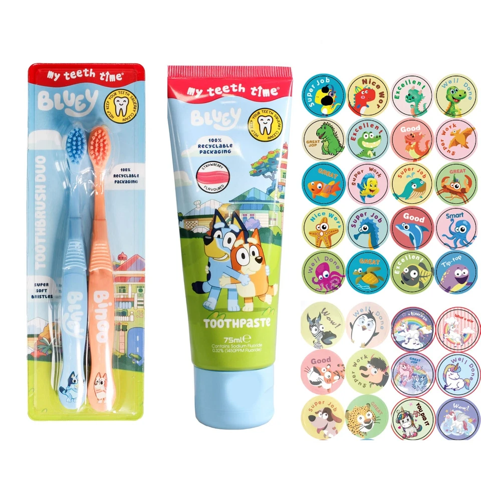 Bluey Toothbrush Duo & Toothpaste (Strawberry) with Homlix Reward 100 Stickers