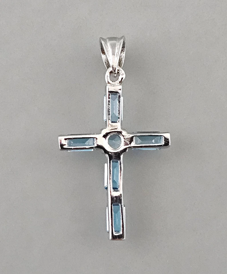 9923434 Ciondolo A Croce In Blu Topazio Argento 925 2 X 3,5 Cm - Immagine 3 di 3