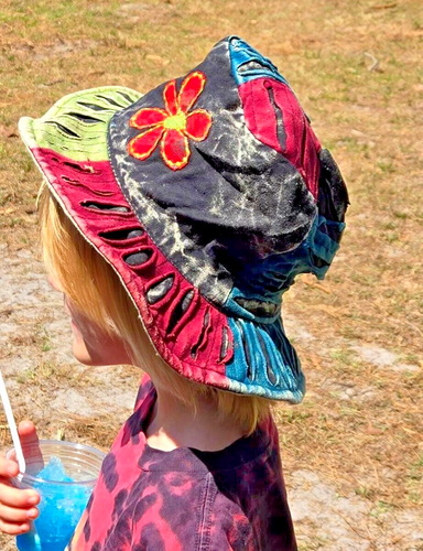 SOMBRERO CUBO CORTE AFEITADORA HECHO A MANO PARA NIÑOS 100% ALGODÓN BORDADO FLOR APPL - Imagen 2 de 5