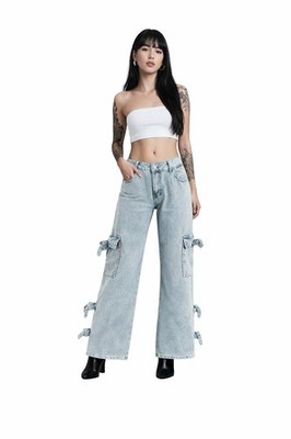 Disclosure Cargo Jeans Women's Blue Denim Wide Bow Tie Pockets Bohemian 30 X 30