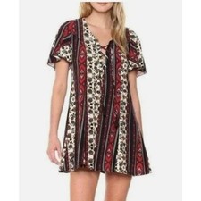 Show Me Your Mumu Mini Dress Red Black Womens Large Boho Lace Up Tassel Print