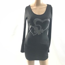 New S Mini Double Heart Black Long Sleeve Fitted Dress Rhinestone Embellishments